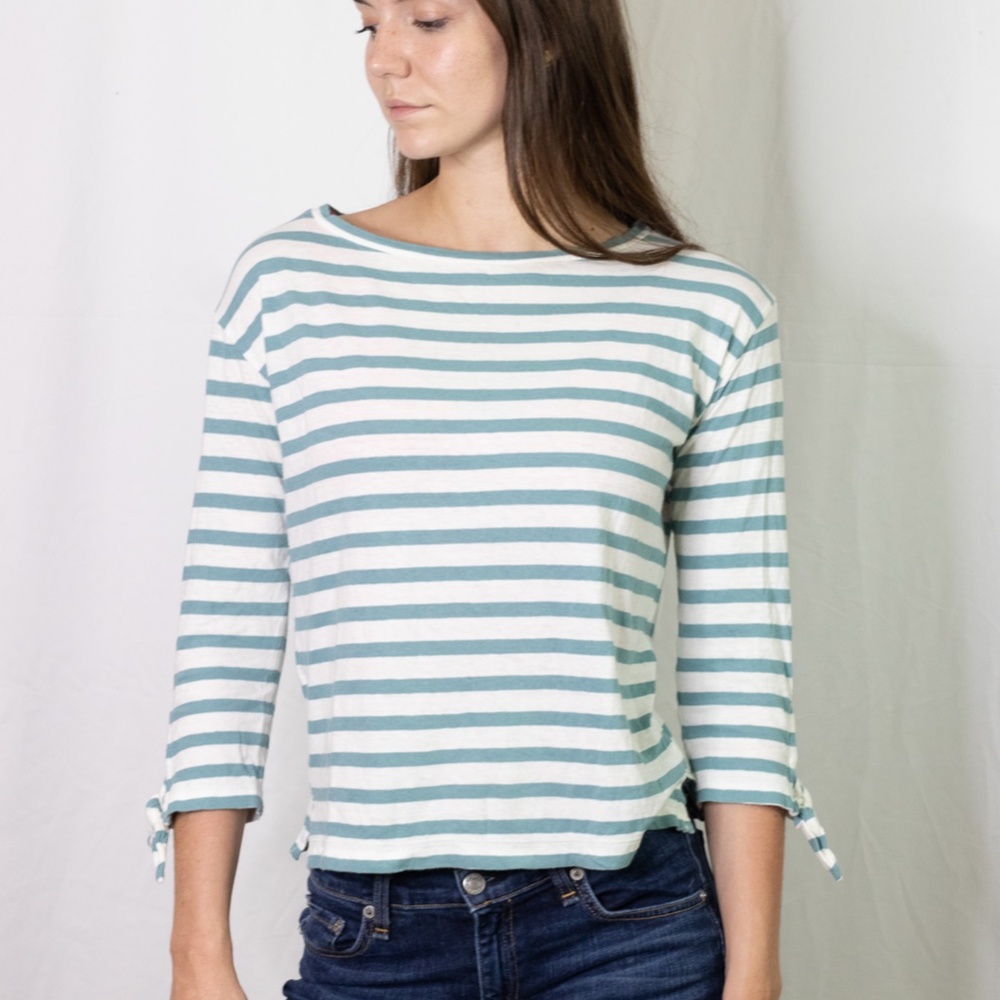 Madewell White Green Striped Tie Sleeve Crop Top